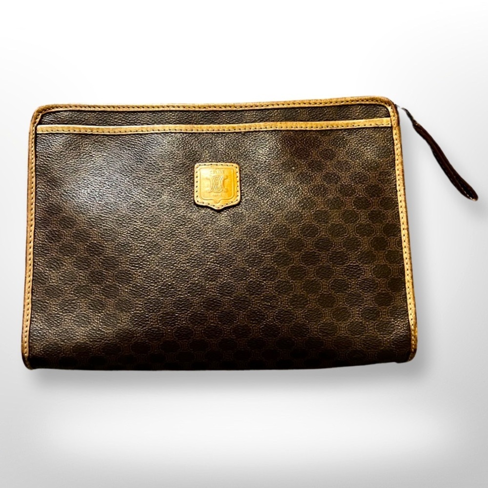 Celine Brown Triomphe PVC and Calfskin Leather Clutch